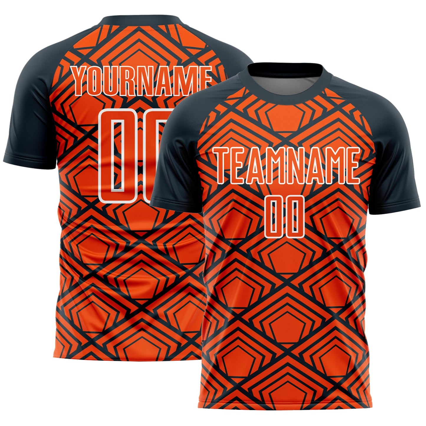 Custom Orange Navy-White Geometric Pattern Sublimation Soccer Uniform Jersey - Main View