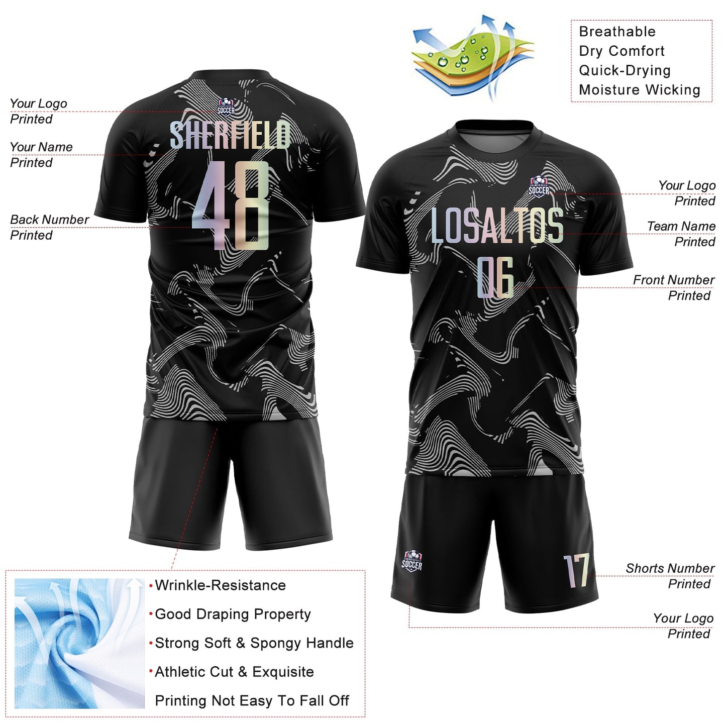 Custom Black Gradient-Gray Curve Lines Sublimation Soccer Uniform Jersey view 4