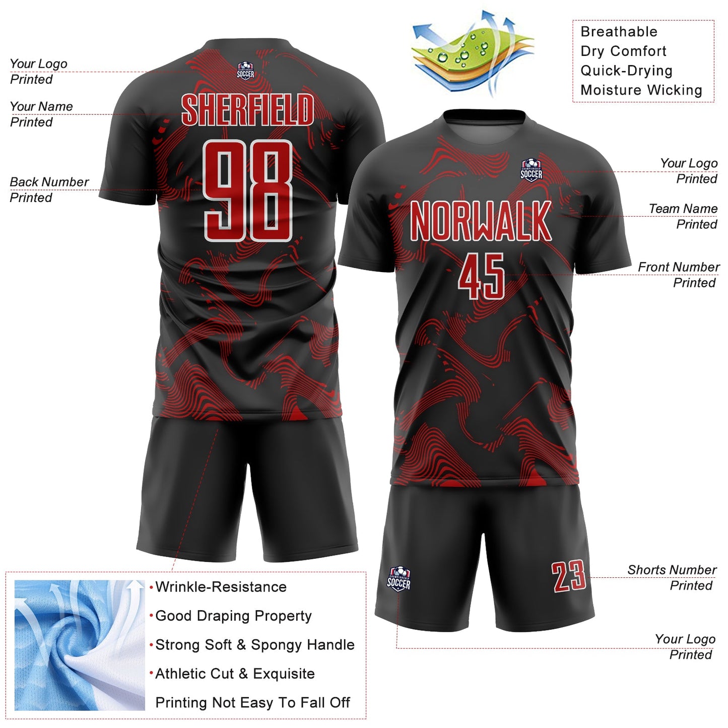 Custom Black Red-White Curve Lines Sublimation Soccer Uniform Jersey view 4