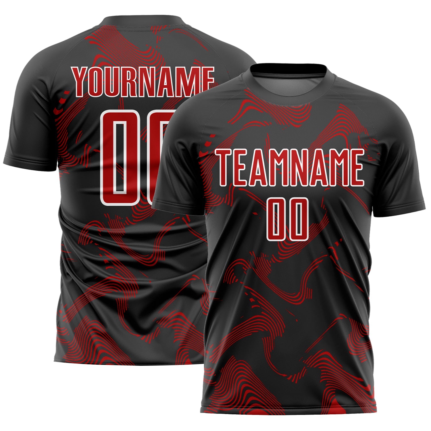 Custom Black Red-White Curve Lines Sublimation Soccer Uniform Jersey - Main View