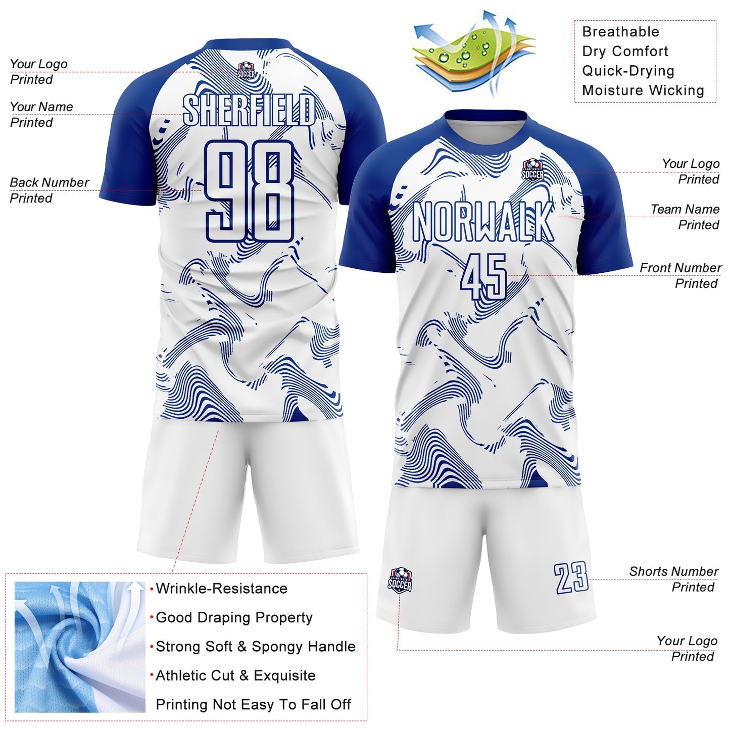 Custom White Royal Curve Lines Sublimation Soccer Uniform Jersey view 4