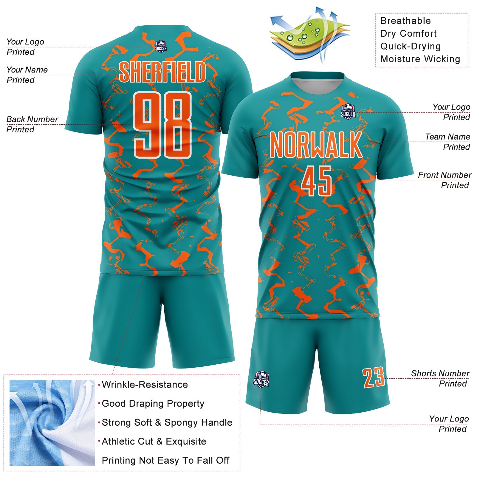 Custom Teal Orange-White Abstract Lines Sublimation Soccer Uniform Jersey view 4