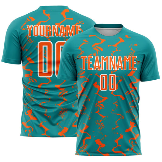 Custom Teal Orange-White Abstract Lines Sublimation Soccer Uniform Jersey - Main View