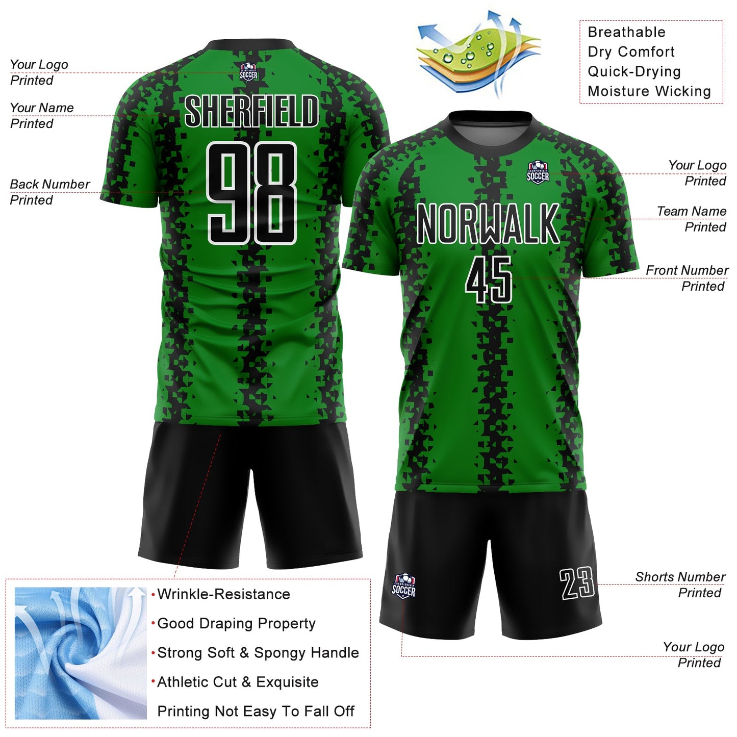 Custom Grass Green Black-White Abstract Geometric Pattern Sublimation Soccer Uniform Jersey view 4