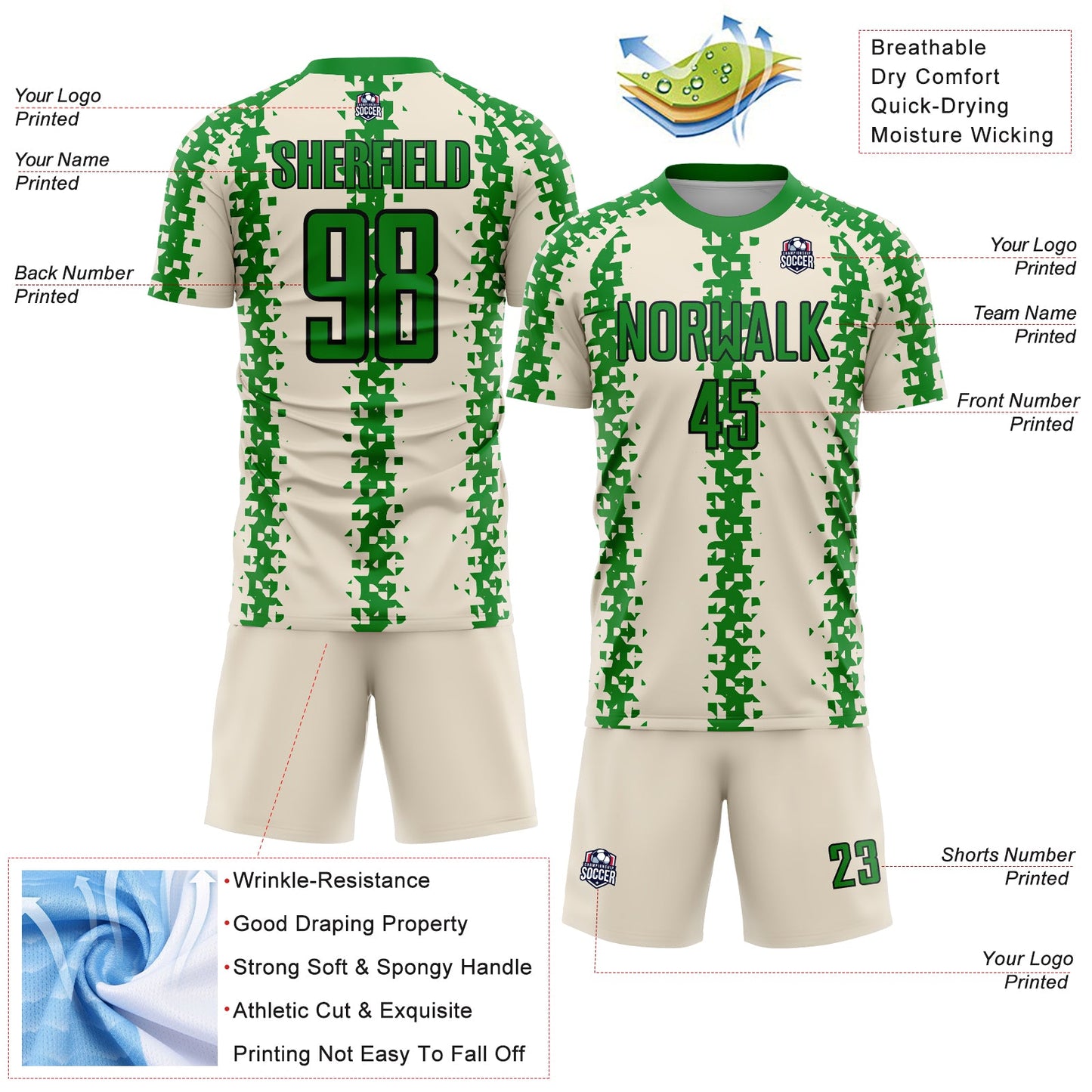 Custom Cream Grass Green-Black Abstract Geometric Pattern Sublimation Soccer Uniform Jersey view 4