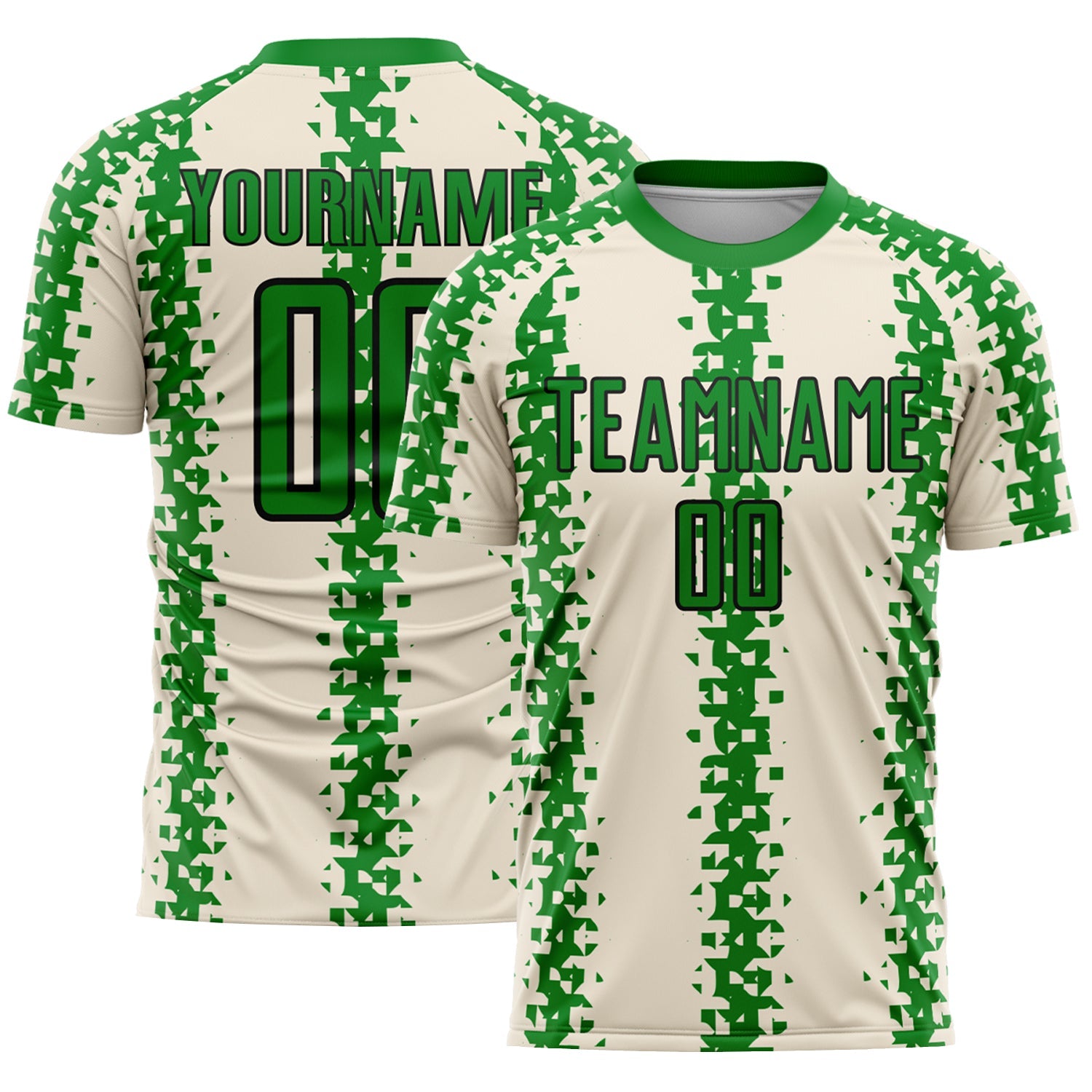 Custom Cream Grass Green-Black Abstract Geometric Pattern Sublimation Soccer Uniform Jersey - Main View
