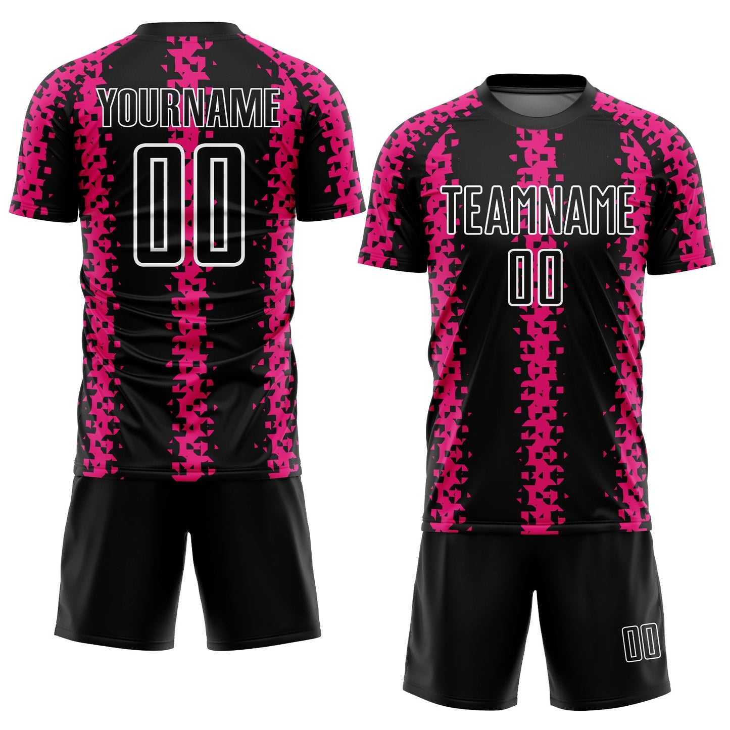 Custom Black Hot Pink-White Abstract Geometric Pattern Sublimation Soccer Uniform Jersey view 2