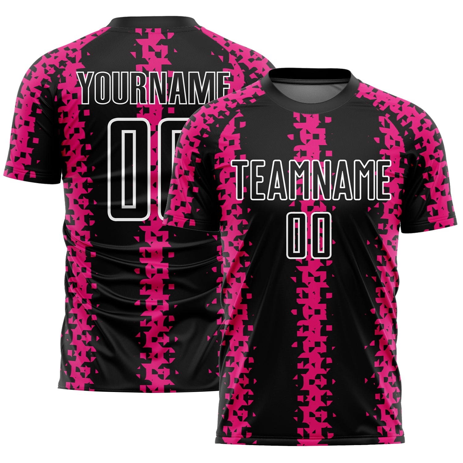 Custom Black Hot Pink-White Abstract Geometric Pattern Sublimation Soccer Uniform Jersey - Main View