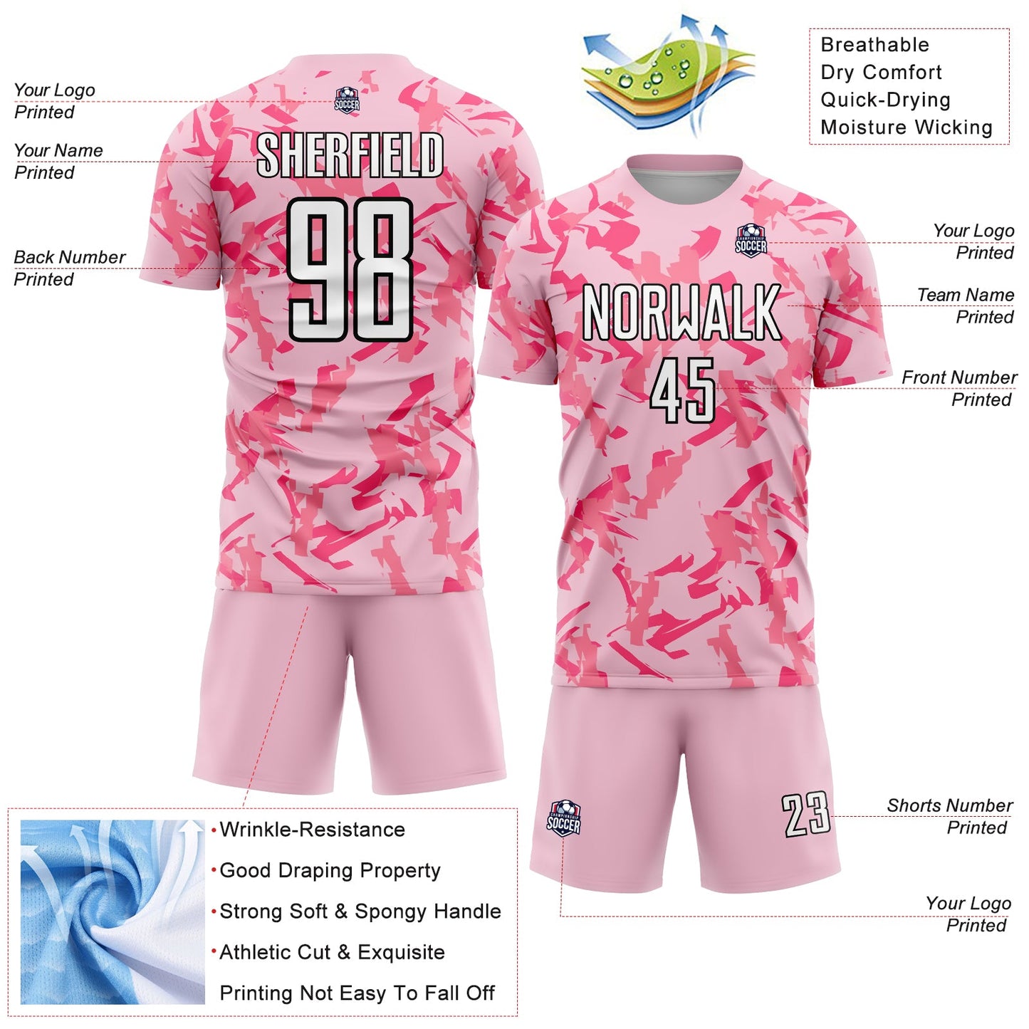 Custom Light Pink Black-Pink Abstract Geometric Pattern Sublimation Soccer Uniform Jersey view 4