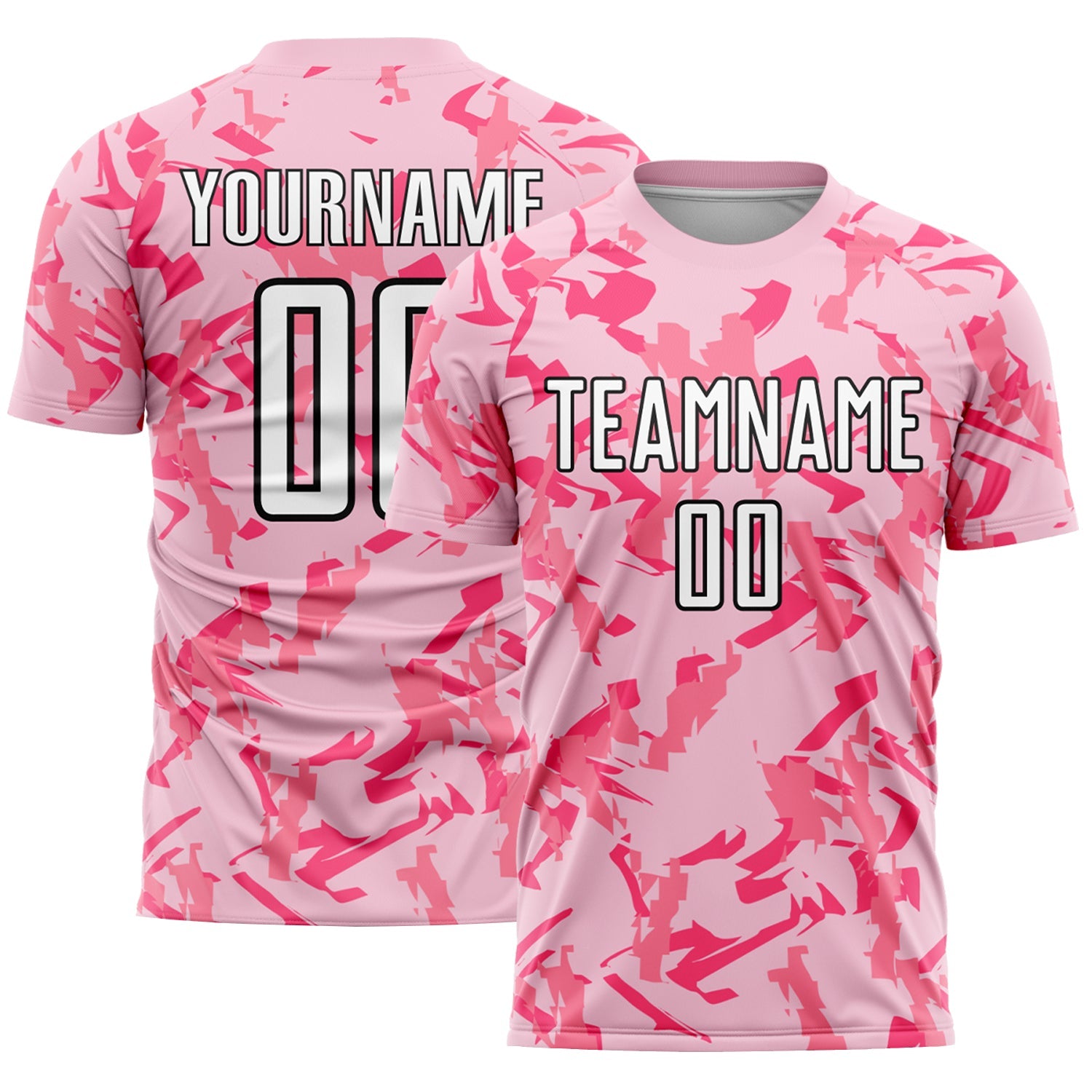 Custom Light Pink Black-Pink Abstract Geometric Pattern Sublimation Soccer Uniform Jersey - Main View