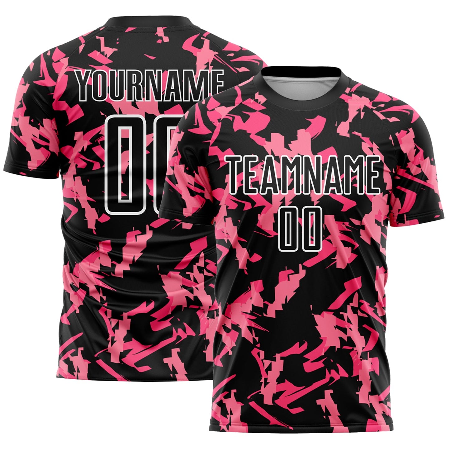 Custom Black Pink-White Abstract Geometric Pattern Sublimation Soccer Uniform Jersey - Main View