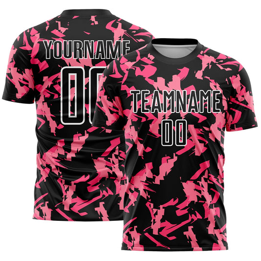 Custom Black Pink-White Abstract Geometric Pattern Sublimation Soccer Uniform Jersey - Main View