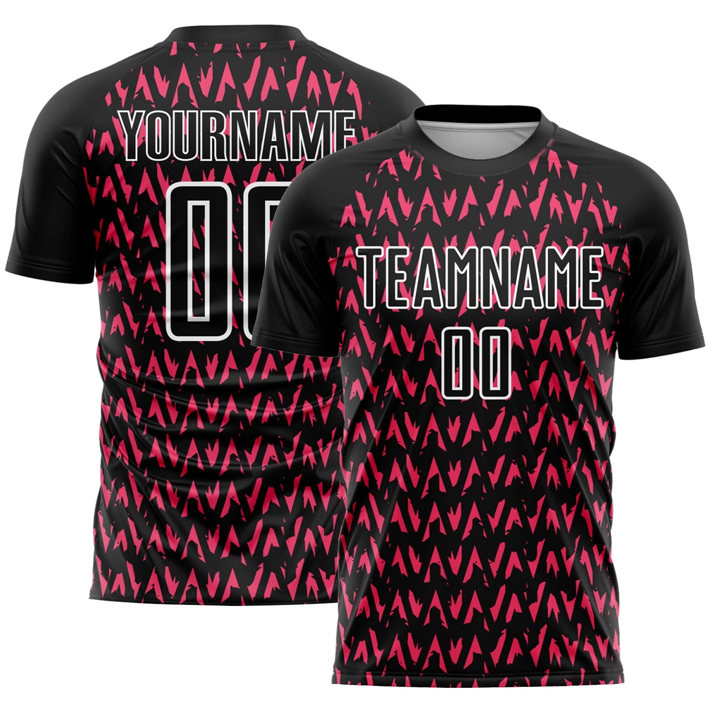 Custom Black Hot Pink-White Abstract Geometric Pattern Sublimation Soccer Uniform Jersey - Main View
