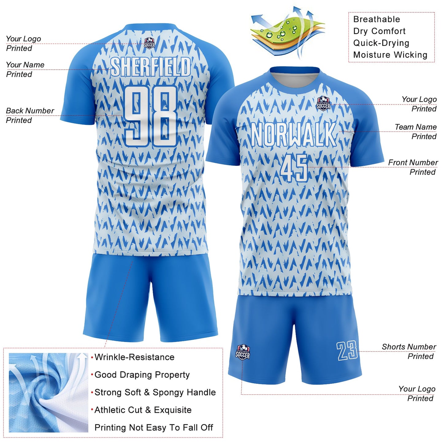 Custom Powder Blue White-Silver Abstract Geometric Pattern Sublimation Soccer Uniform Jersey view 4
