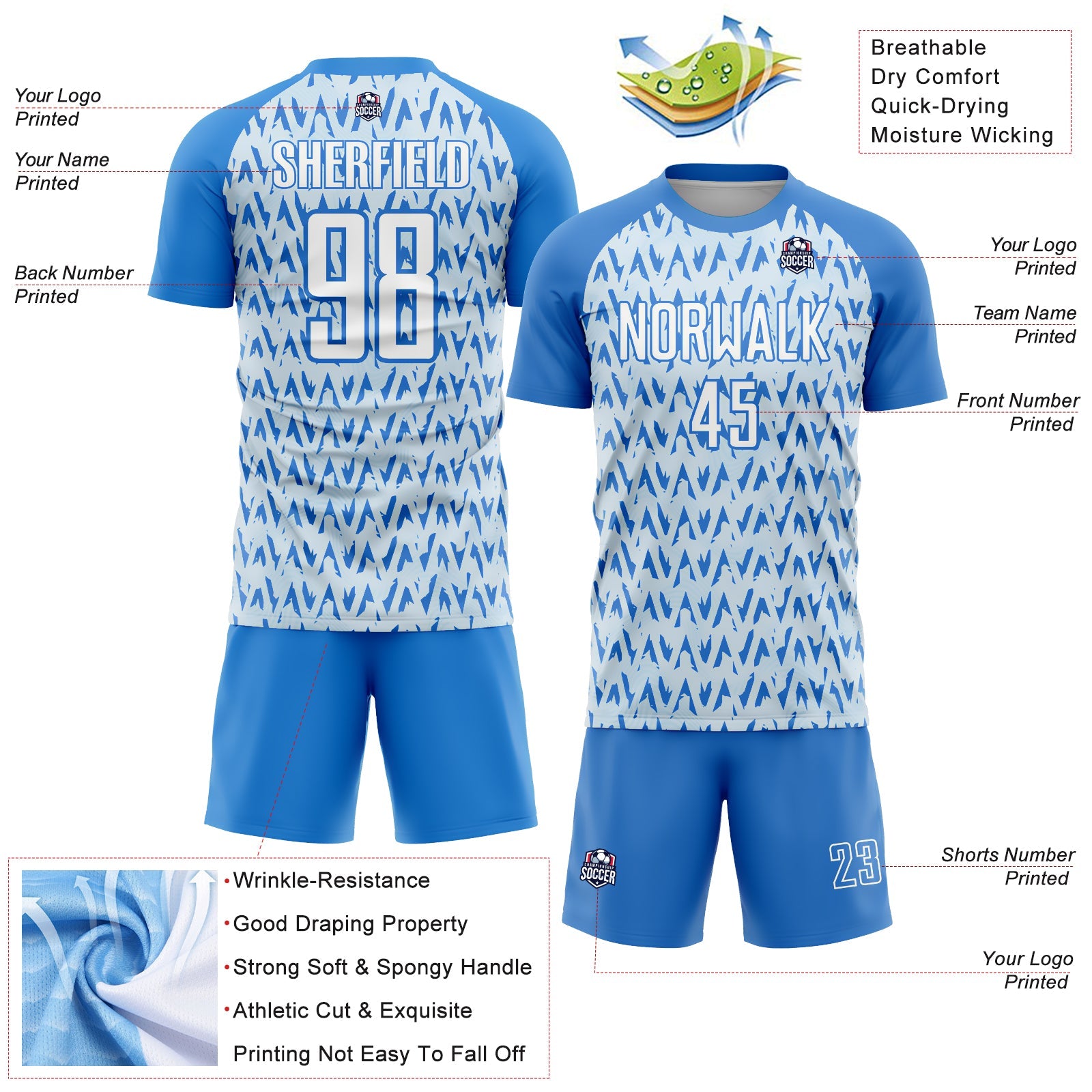 Custom Powder Blue White-Silver Abstract Geometric Pattern Sublimation Soccer Uniform Jersey view 4