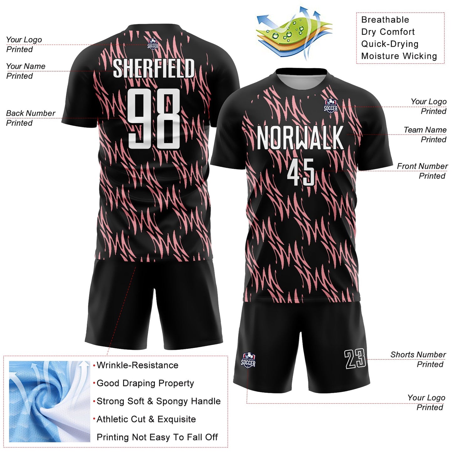 Custom Black White-Medium Pink Abstract Wave Sublimation Soccer Uniform Jersey view 4
