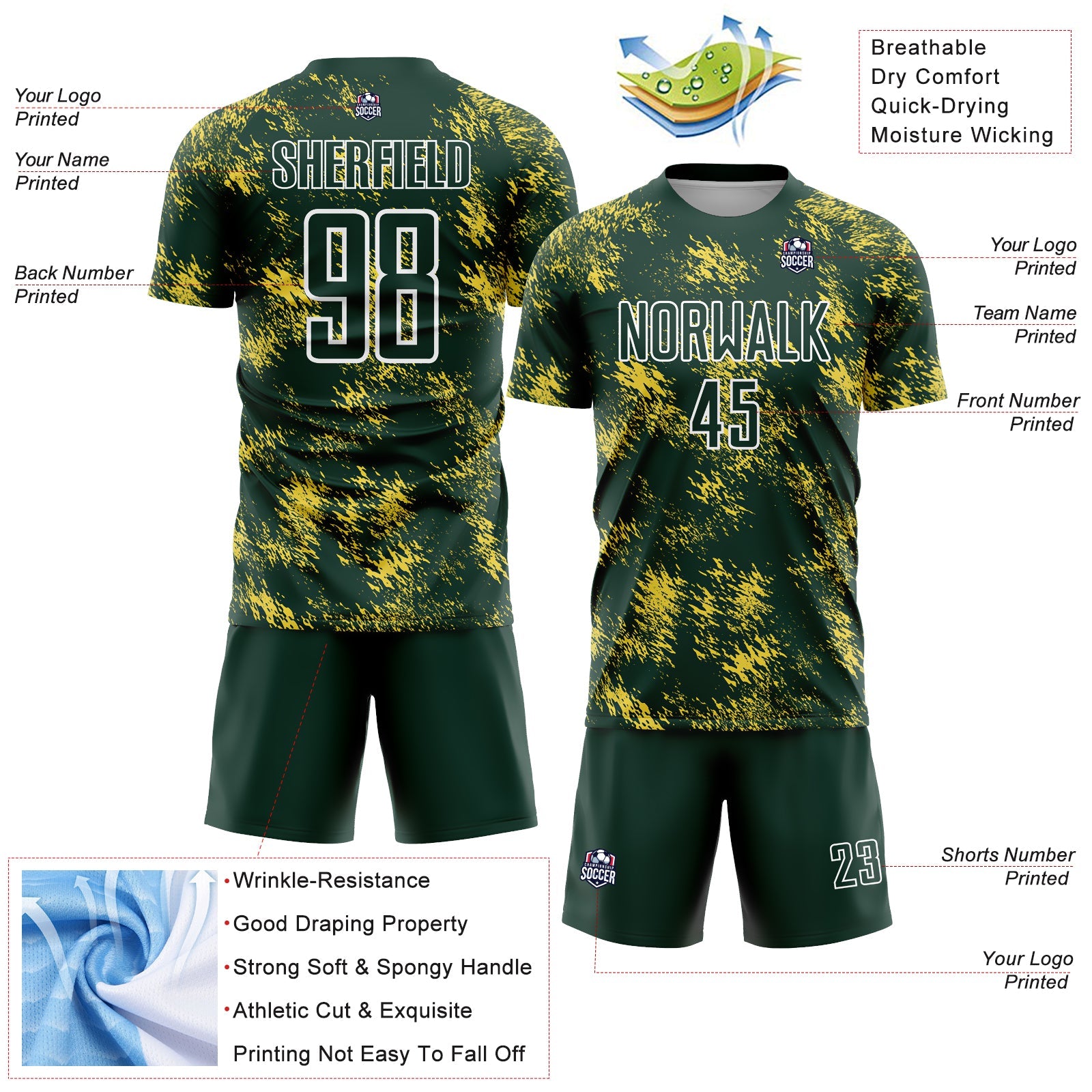 Custom Green Gold-White Abstract Grunge Art Sublimation Soccer Uniform Jersey view 4