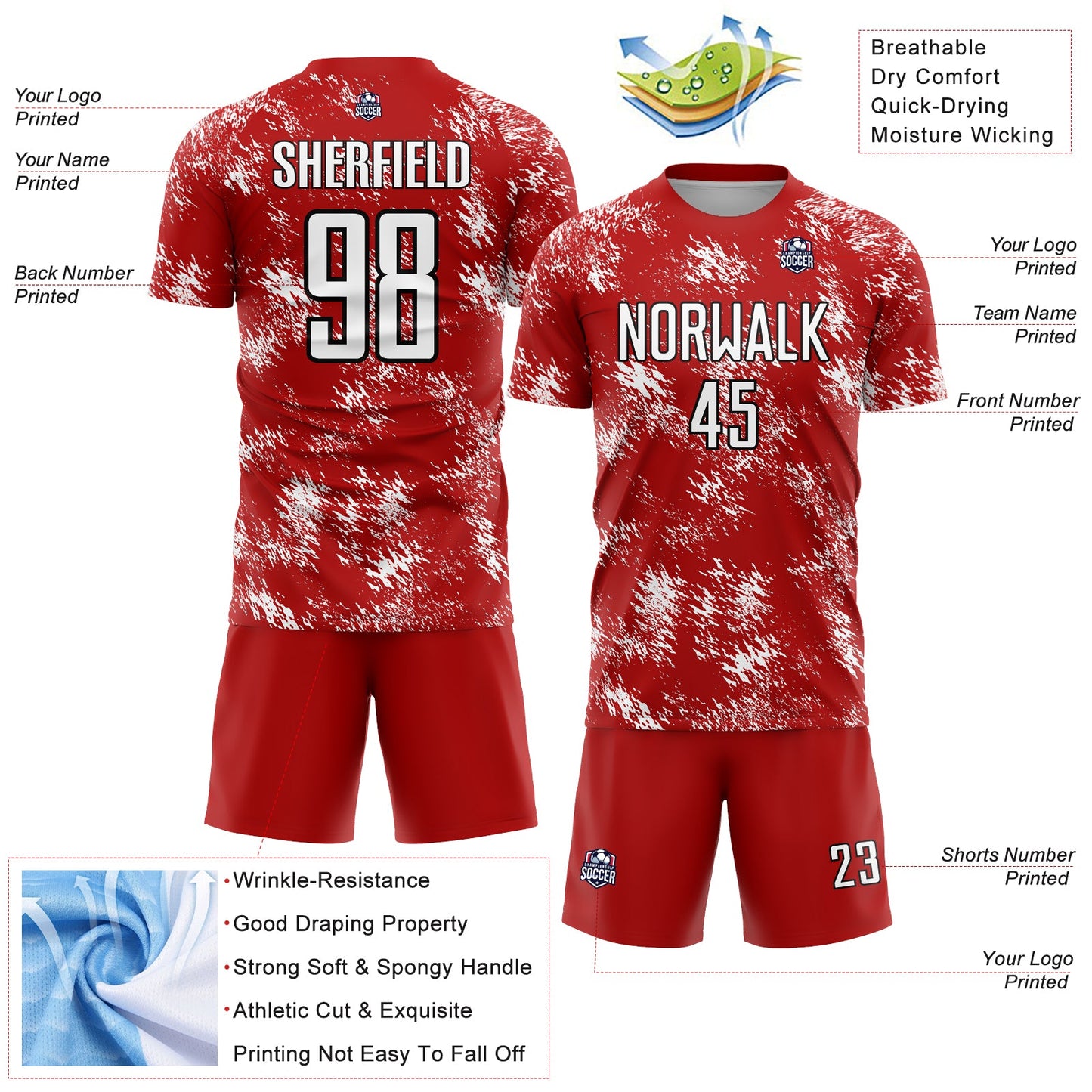 Custom Red White-Black Abstract Grunge Art Sublimation Soccer Uniform Jersey view 4