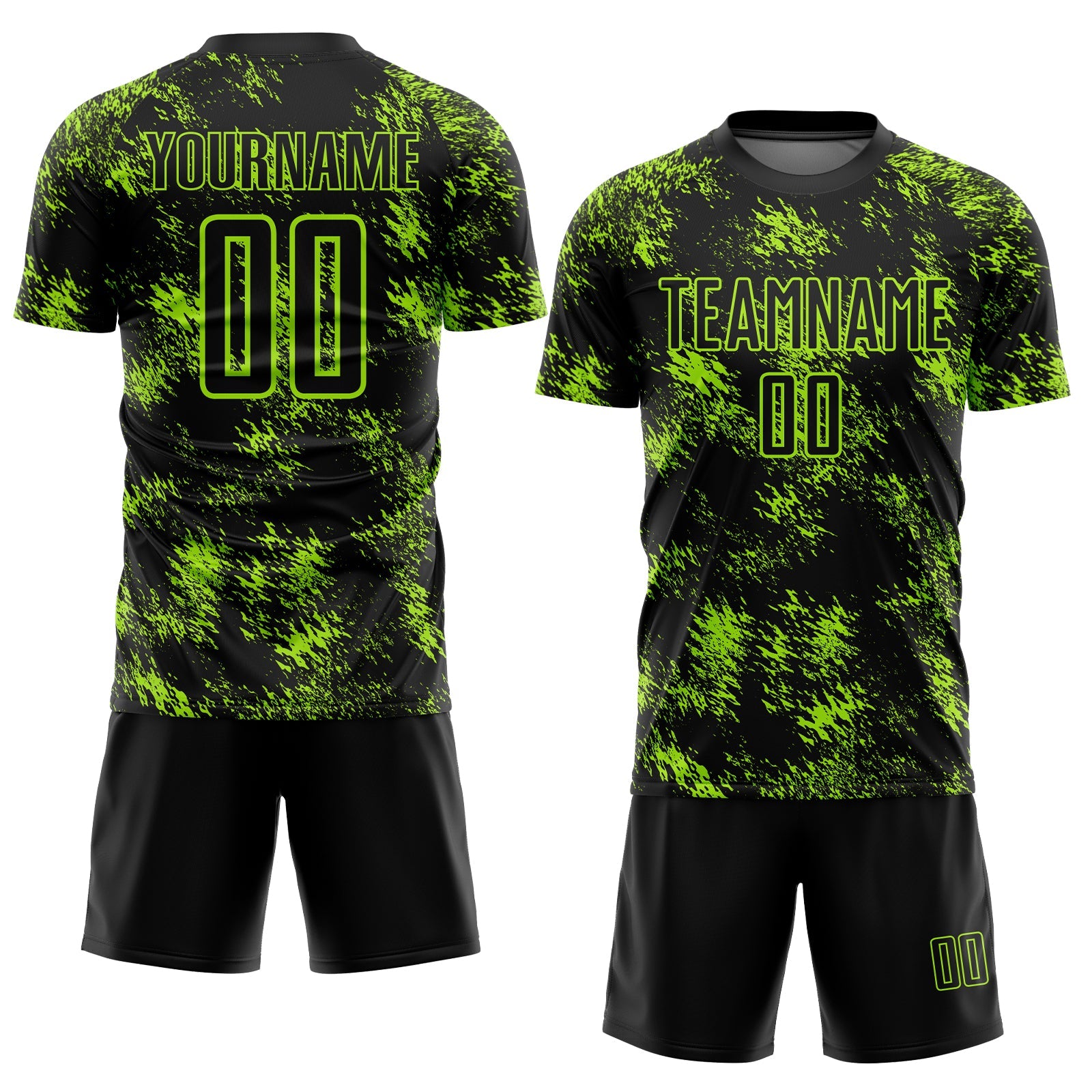 Custom Black Neon Green Abstract Grunge Art Sublimation Soccer Uniform Jersey view 2