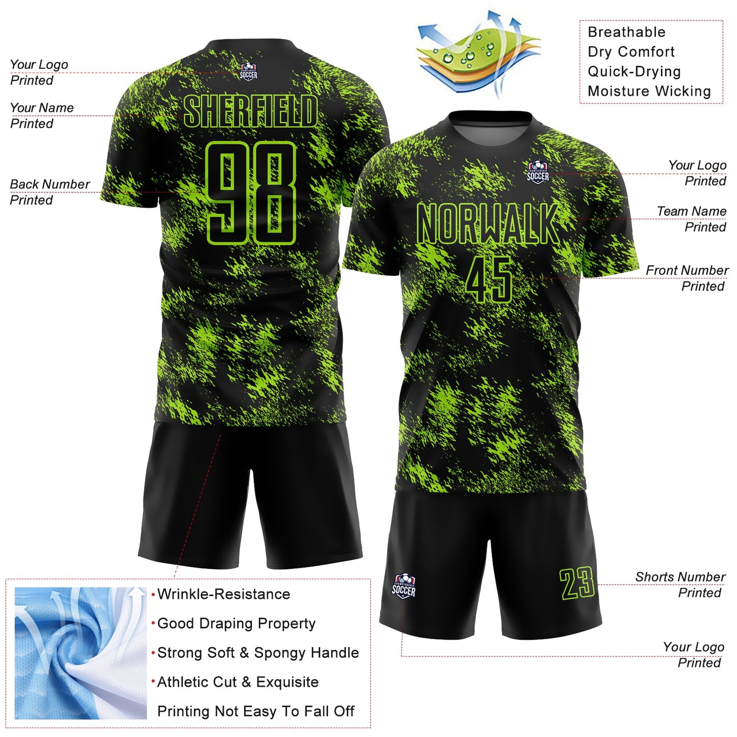 Custom Black Neon Green Abstract Grunge Art Sublimation Soccer Uniform Jersey view 4