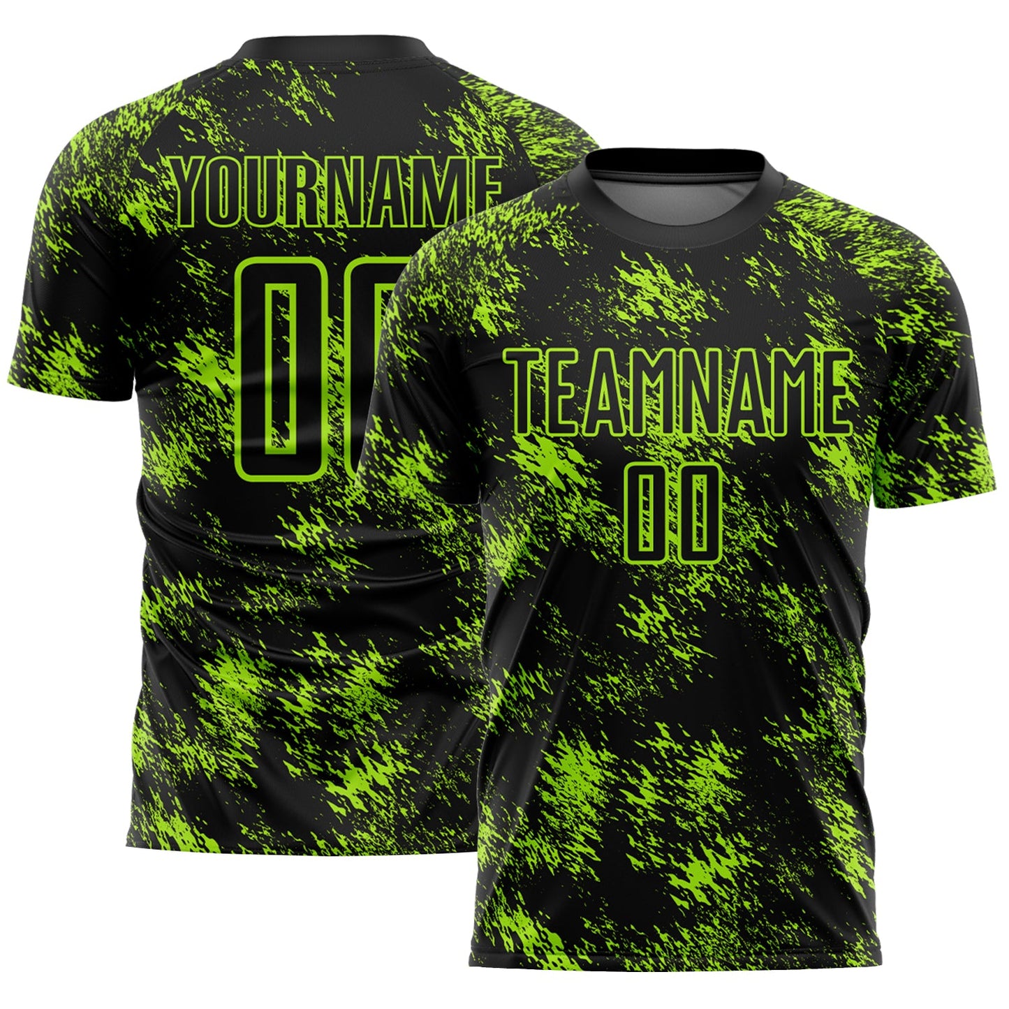 Custom Black Neon Green Abstract Grunge Art Sublimation Soccer Uniform Jersey - Main View