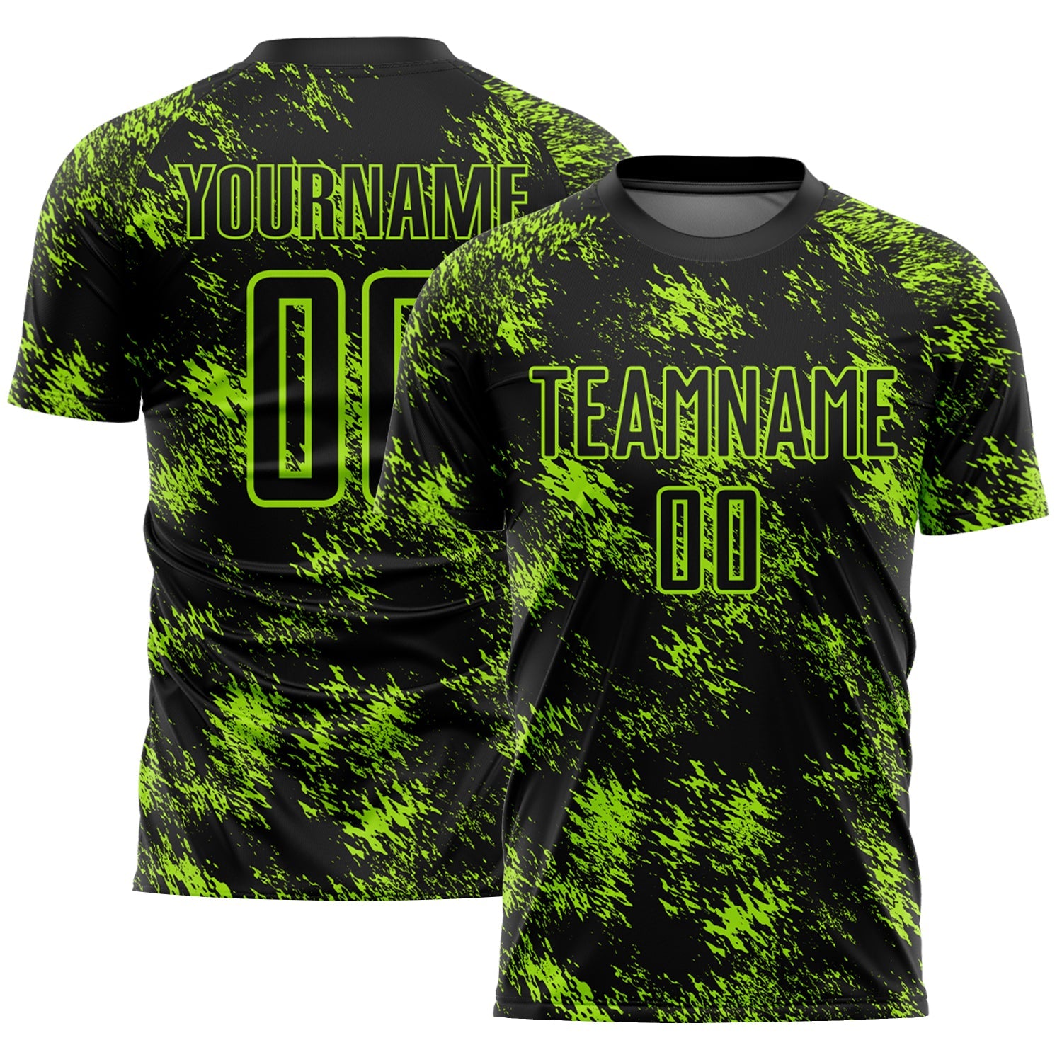 Custom Black Neon Green Abstract Grunge Art Sublimation Soccer Uniform Jersey - Main View