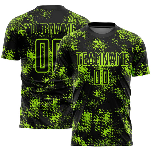 Custom Black Neon Green Abstract Grunge Art Sublimation Soccer Uniform Jersey - Main View