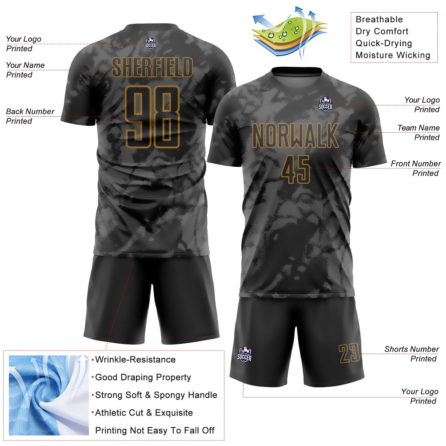 Custom Black Gray-Old Gold Abstract Grunge Art Sublimation Soccer Uniform Jersey view 4