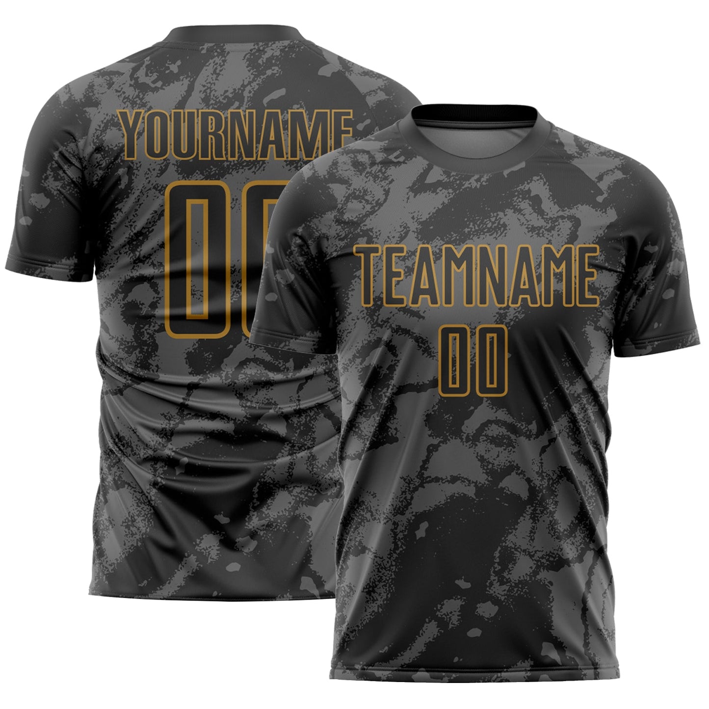 Custom Black Gray-Old Gold Abstract Grunge Art Sublimation Soccer Uniform Jersey - Main View