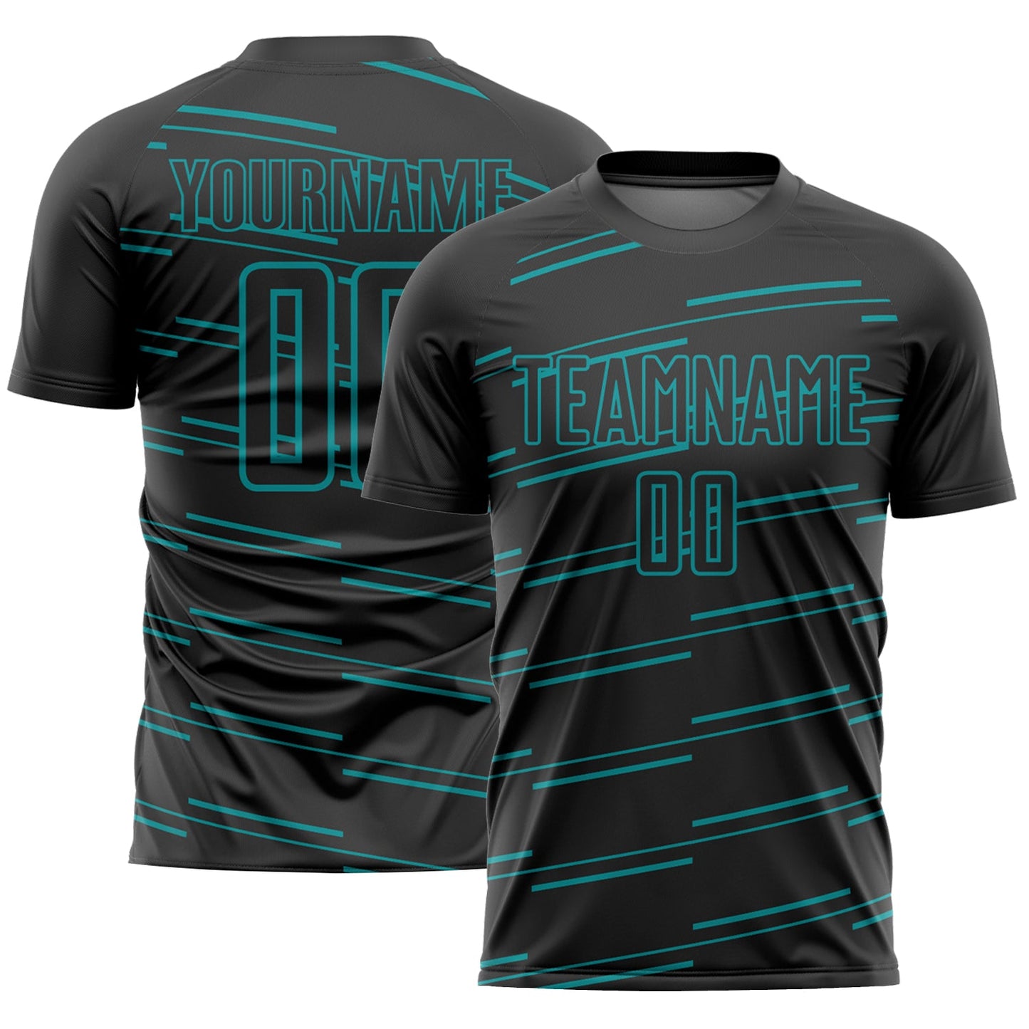 Custom Black Teal Lines Sublimation Soccer Uniform Jersey - Main View