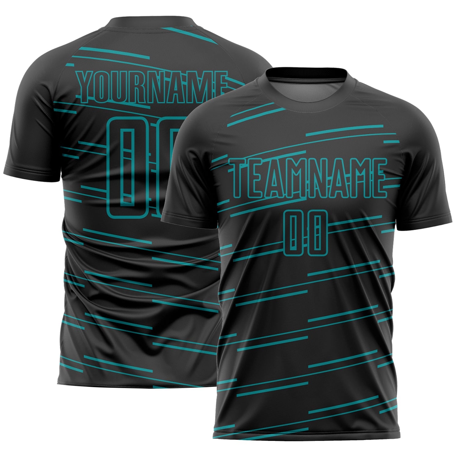 Custom Black Teal Lines Sublimation Soccer Uniform Jersey - Main View