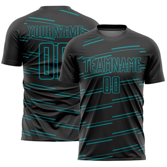 Custom Black Teal Lines Sublimation Soccer Uniform Jersey - Main View