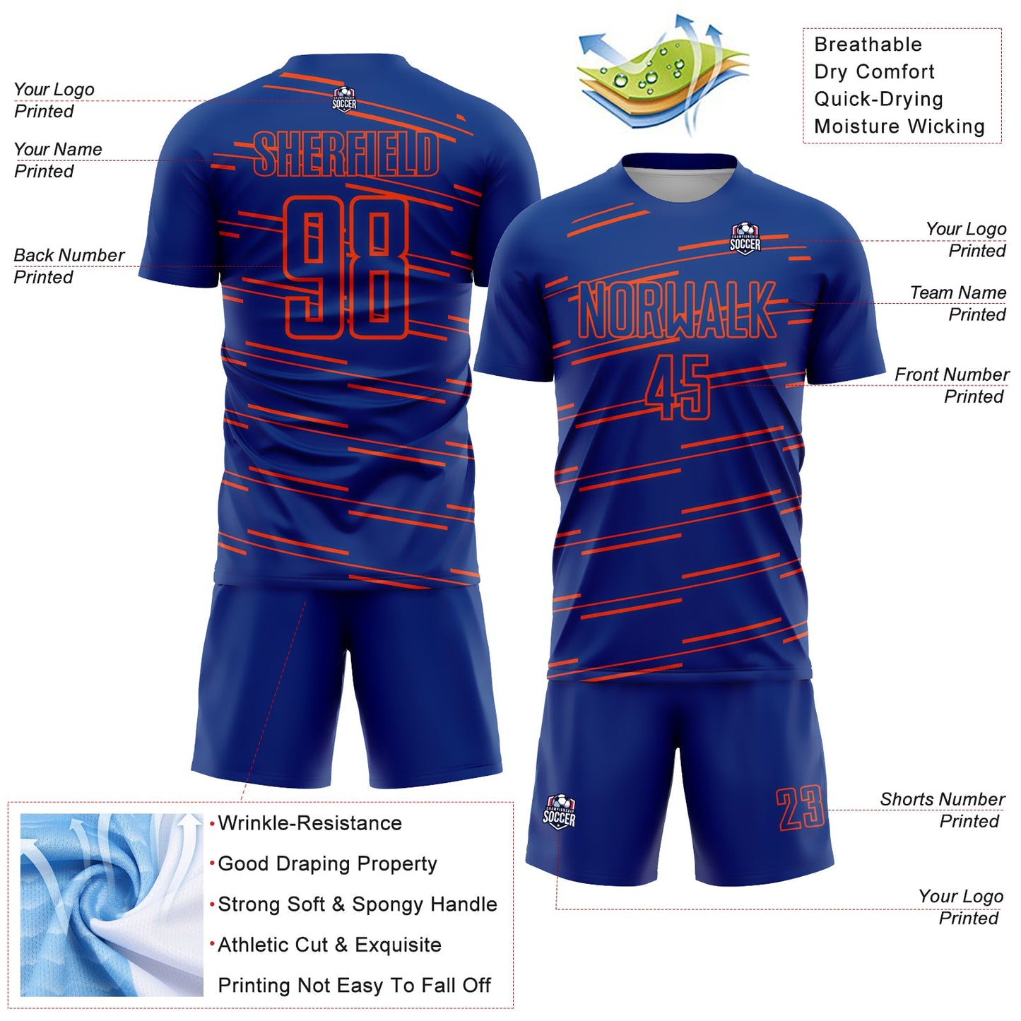 Custom Royal Orange Lines Sublimation Soccer Uniform Jersey view 4