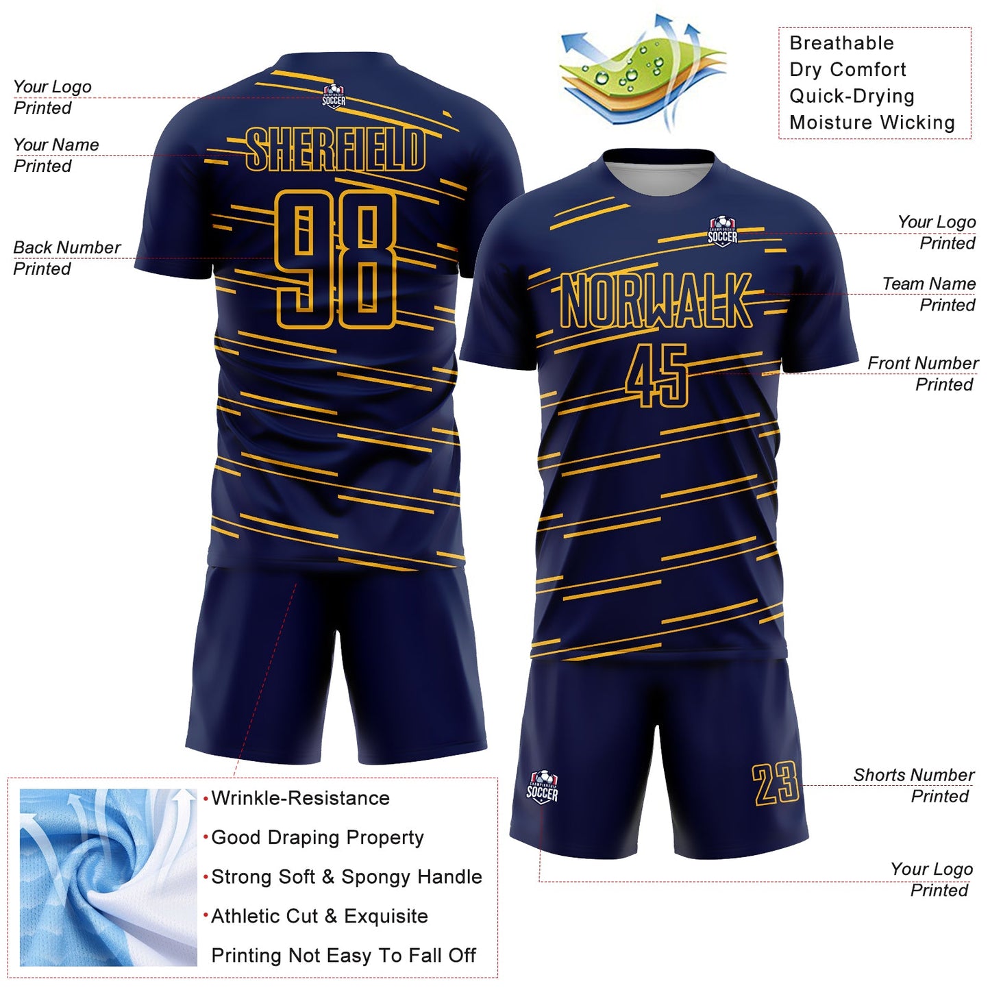 Custom Navy Yellow Lines Sublimation Soccer Uniform Jersey view 4
