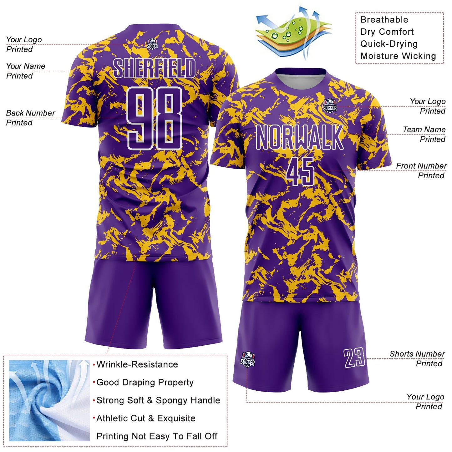 Custom Purple Gold-White Abstract Fluid Sublimation Soccer Uniform Jersey view 4