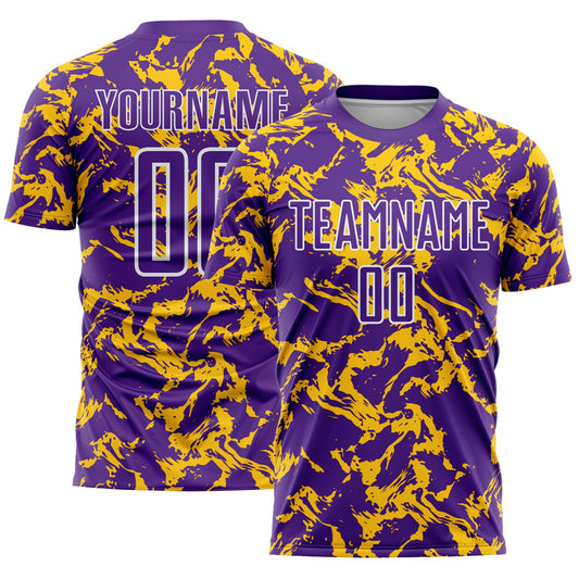 Custom Purple Gold-White Abstract Fluid Sublimation Soccer Uniform Jersey - Main View