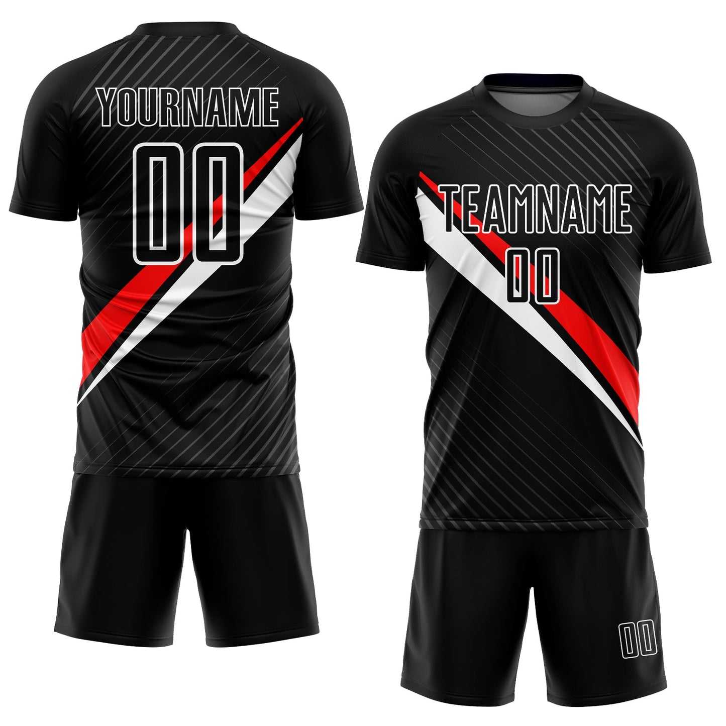Custom Black Red-White Diagonal Lines Sublimation Soccer Uniform Jersey view 2