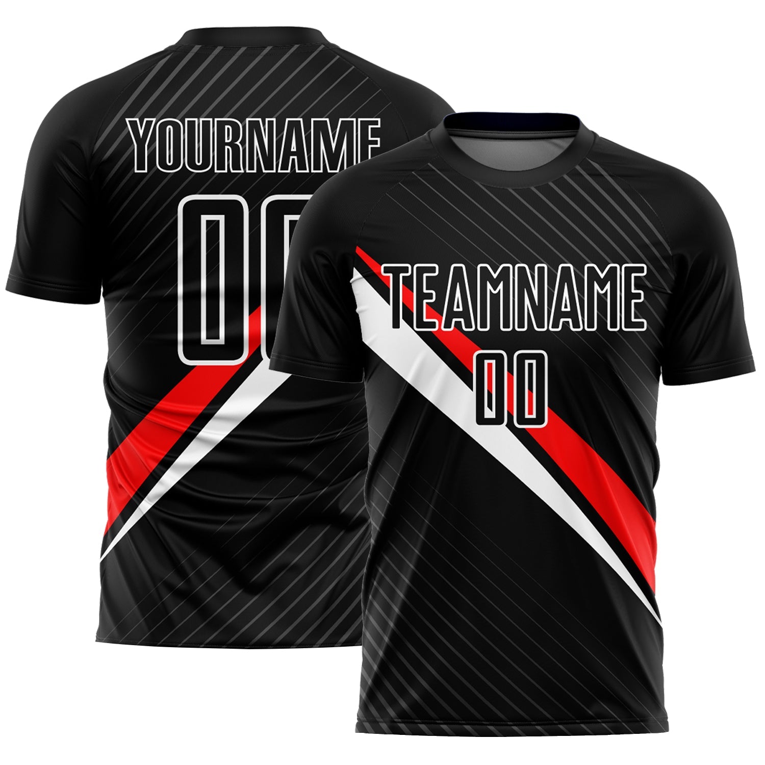Custom Black Red-White Diagonal Lines Sublimation Soccer Uniform Jersey - Main View