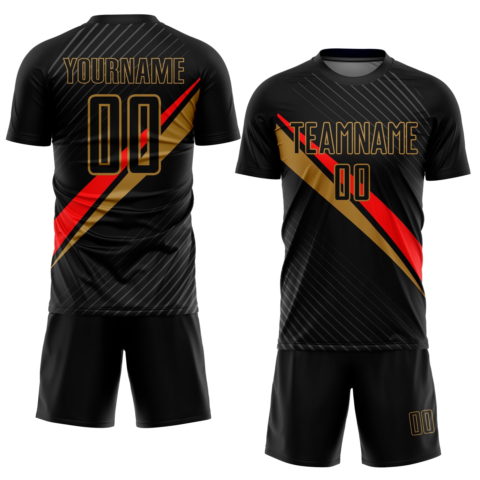 Custom Black Red-Old Gold Diagonal Lines Sublimation Soccer Uniform Jersey view 2