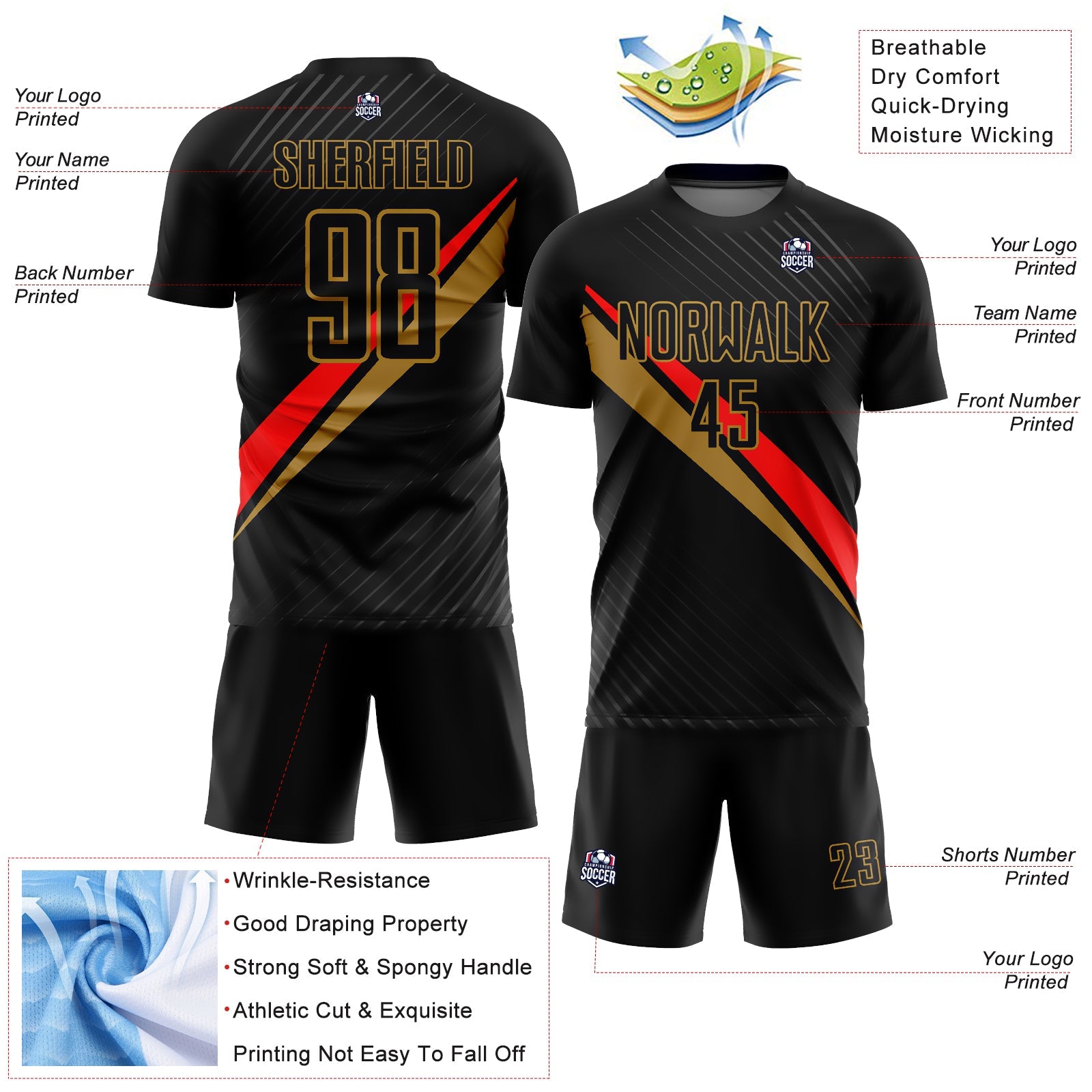 Custom Black Red-Old Gold Diagonal Lines Sublimation Soccer Uniform Jersey view 4