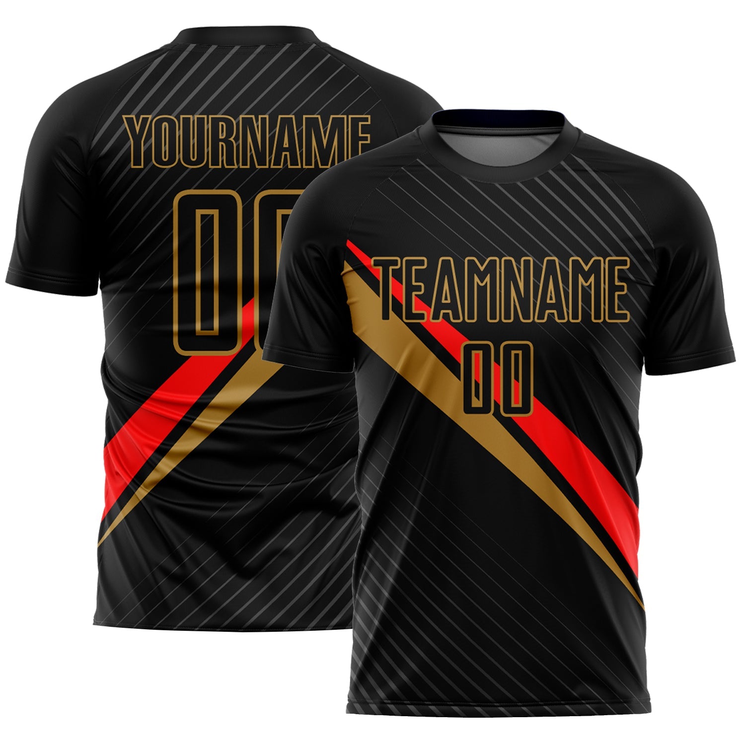 Custom Black Red-Old Gold Diagonal Lines Sublimation Soccer Uniform Jersey - Main View
