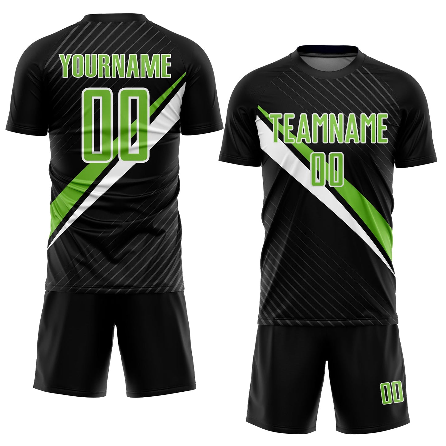 Custom Black Neon Green-White Diagonal Lines Sublimation Soccer Uniform Jersey view 2