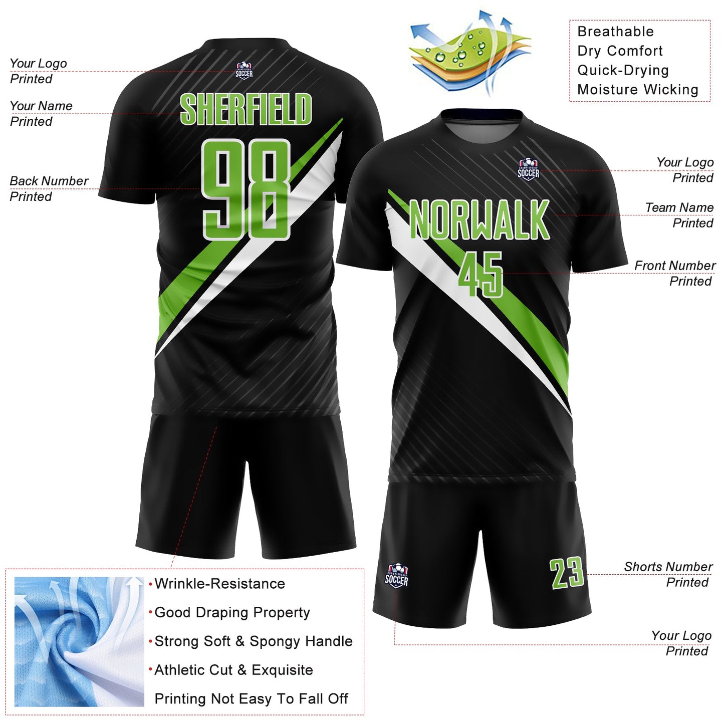 Custom Black Neon Green-White Diagonal Lines Sublimation Soccer Uniform Jersey view 4