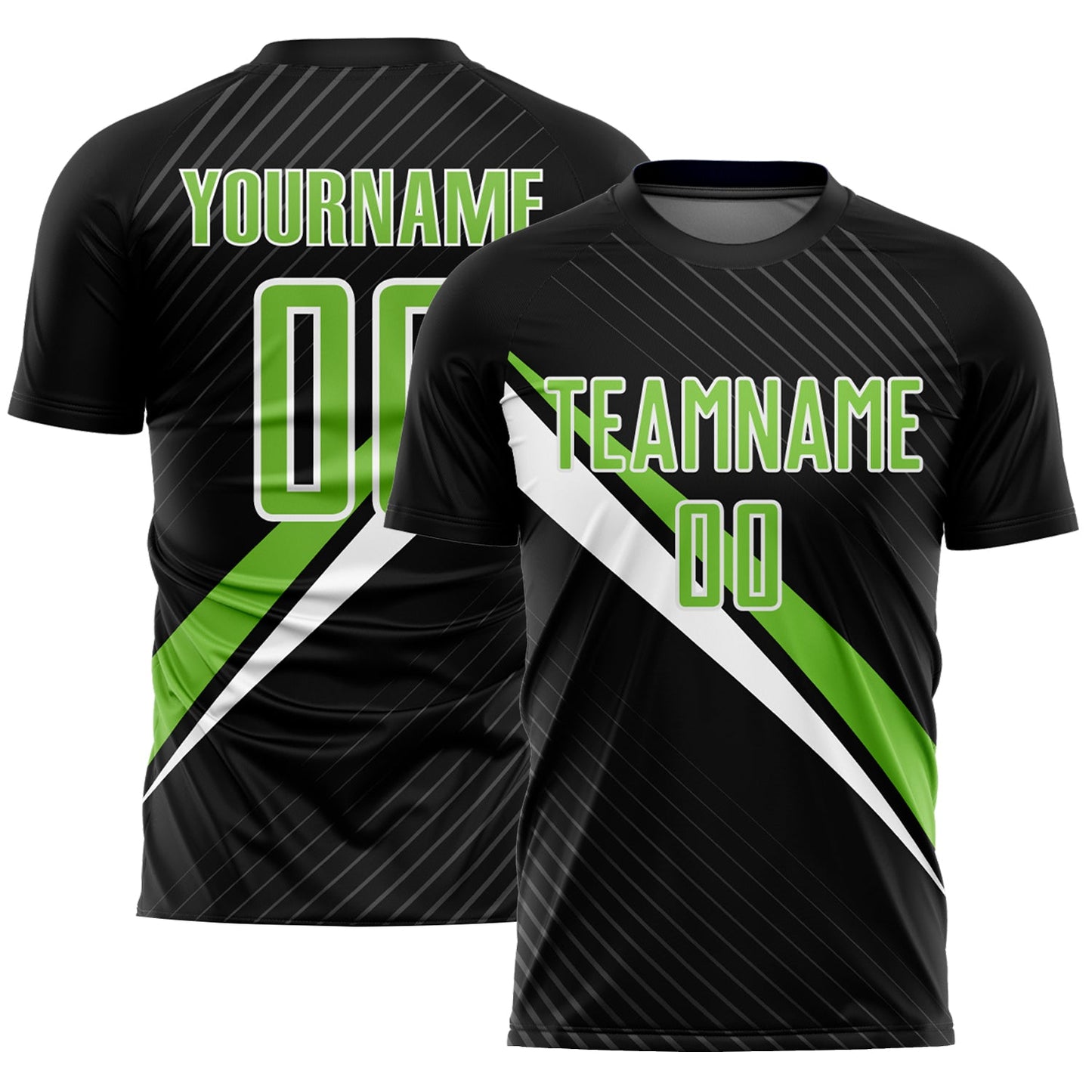 Custom Black Neon Green-White Diagonal Lines Sublimation Soccer Uniform Jersey - Main View