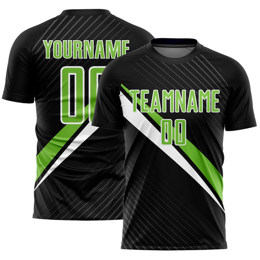 Custom Black Neon Green-White Diagonal Lines Sublimation Soccer Uniform Jersey - Main View