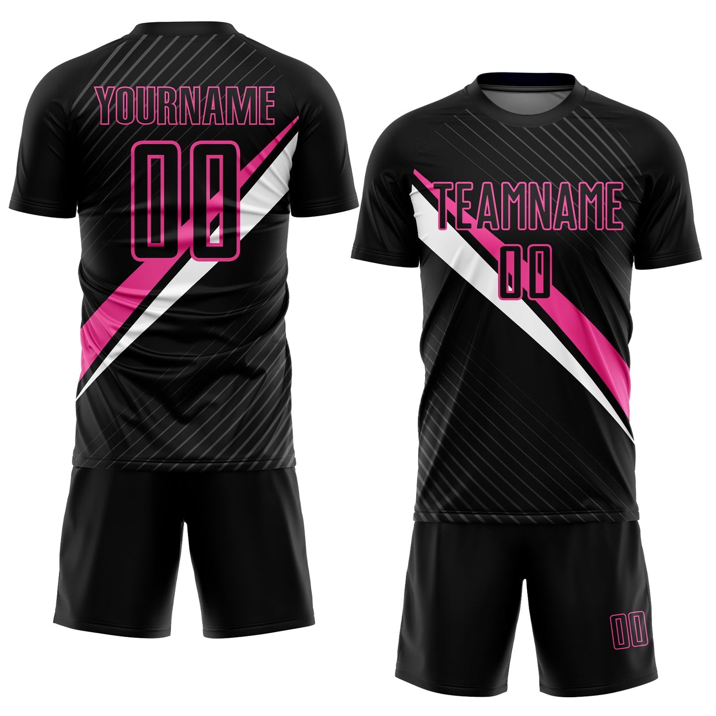 Custom Black Pink-White Diagonal Lines Sublimation Soccer Uniform Jersey view 2