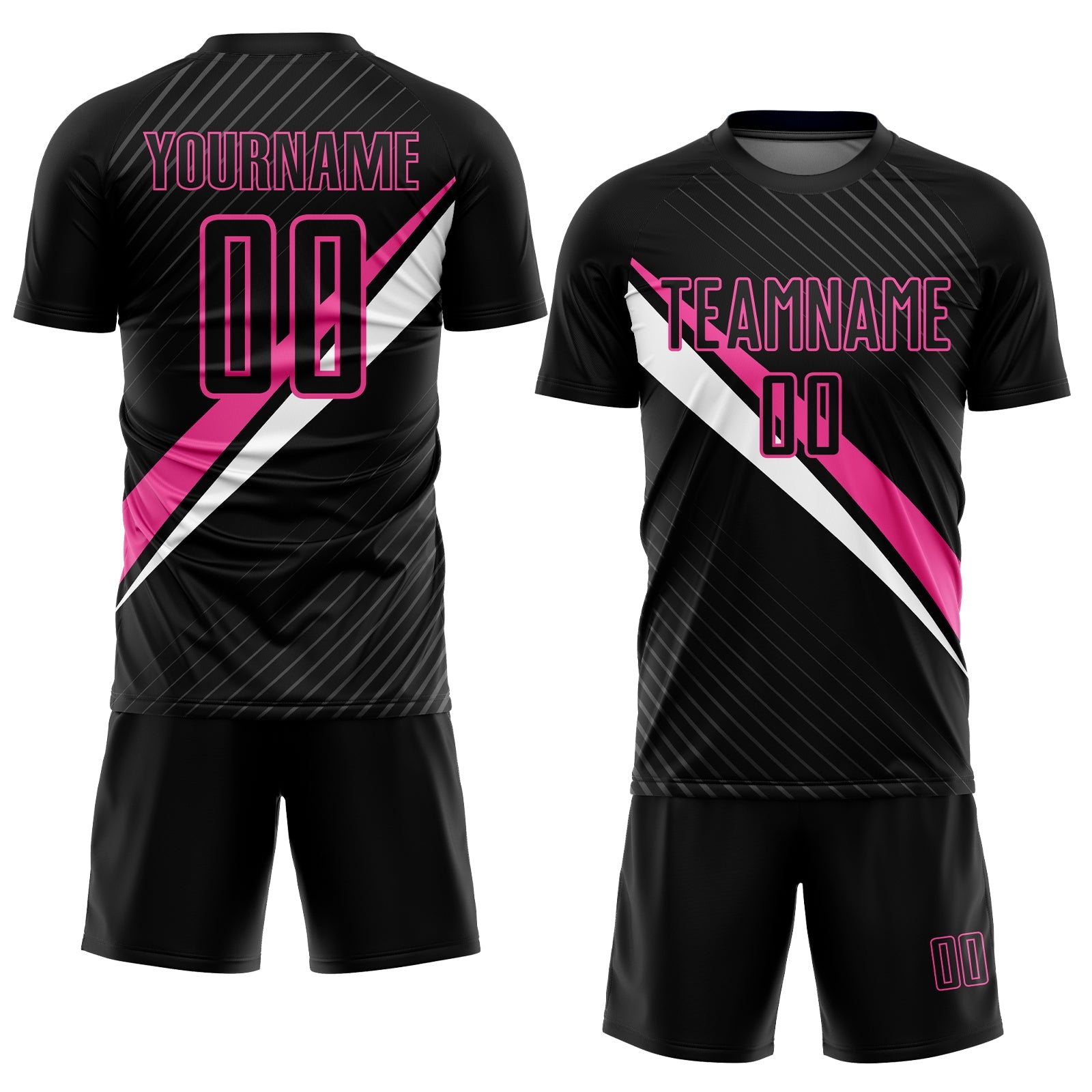 Custom Black Pink-White Diagonal Lines Sublimation Soccer Uniform Jersey view 2