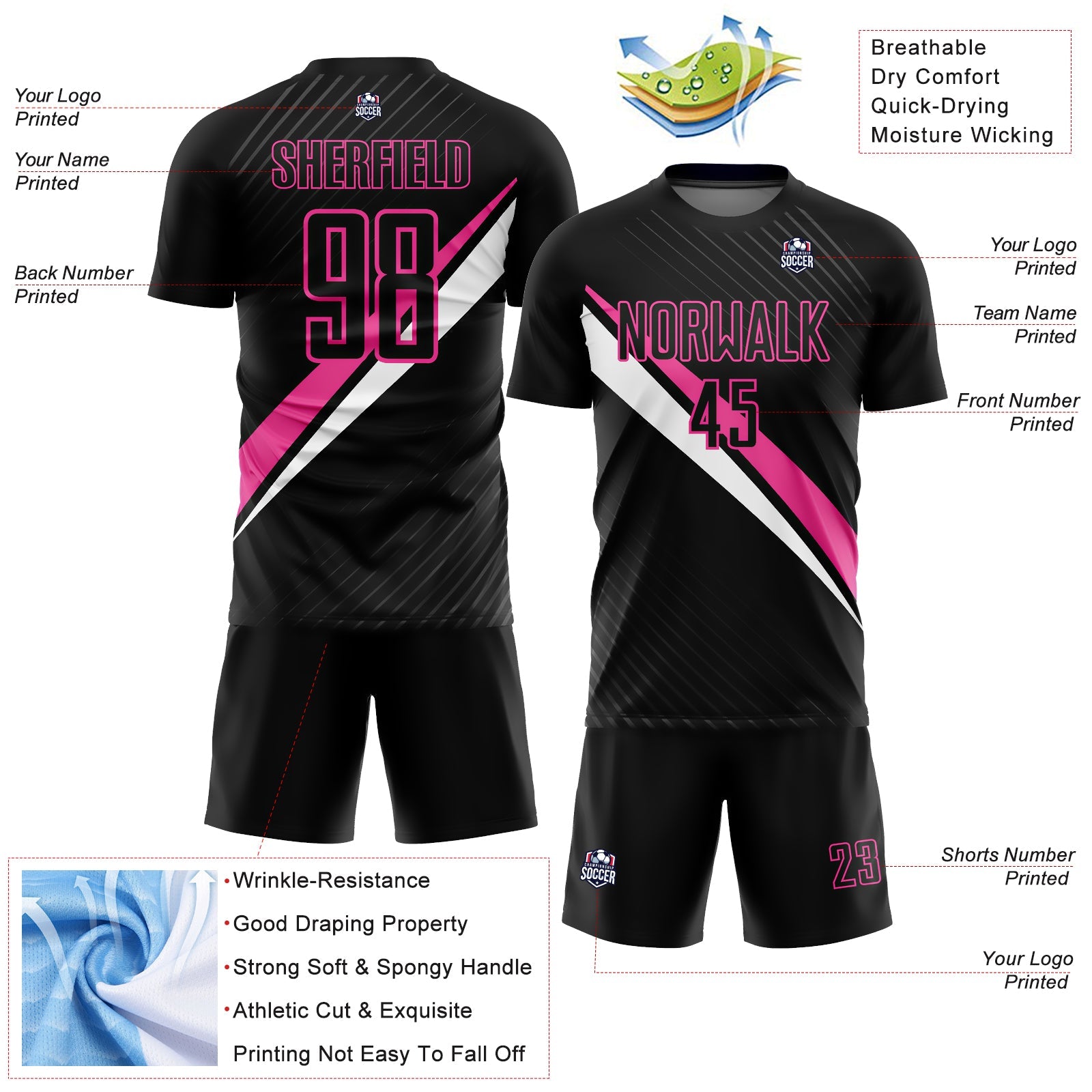 Custom Black Pink-White Diagonal Lines Sublimation Soccer Uniform Jersey view 4