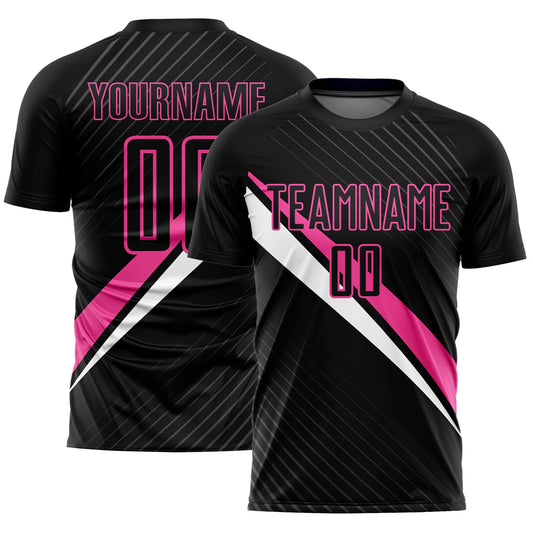 Custom Black Pink-White Diagonal Lines Sublimation Soccer Uniform Jersey - Main View