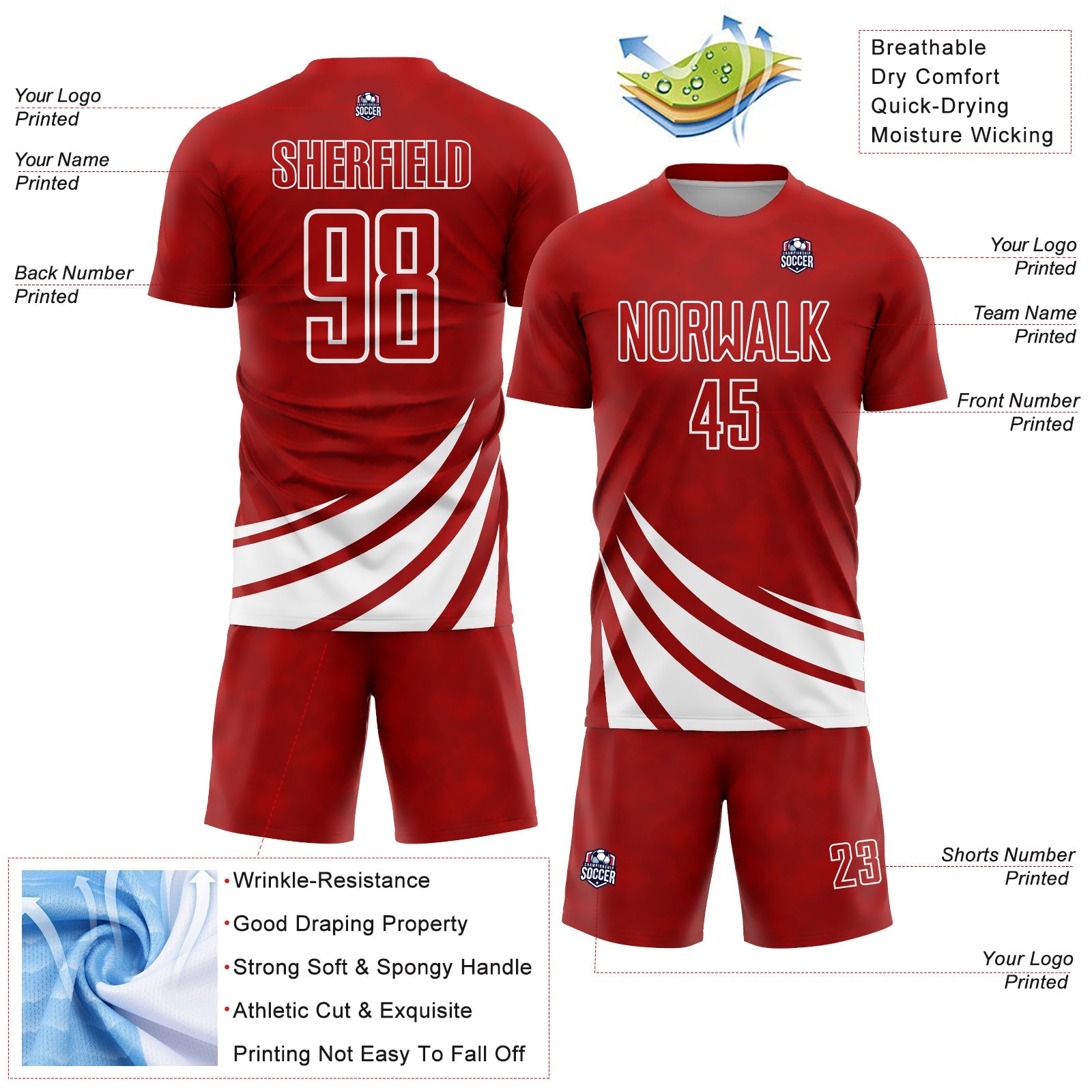 Custom Red White Wind Shapes Sublimation Soccer Uniform Jersey view 4